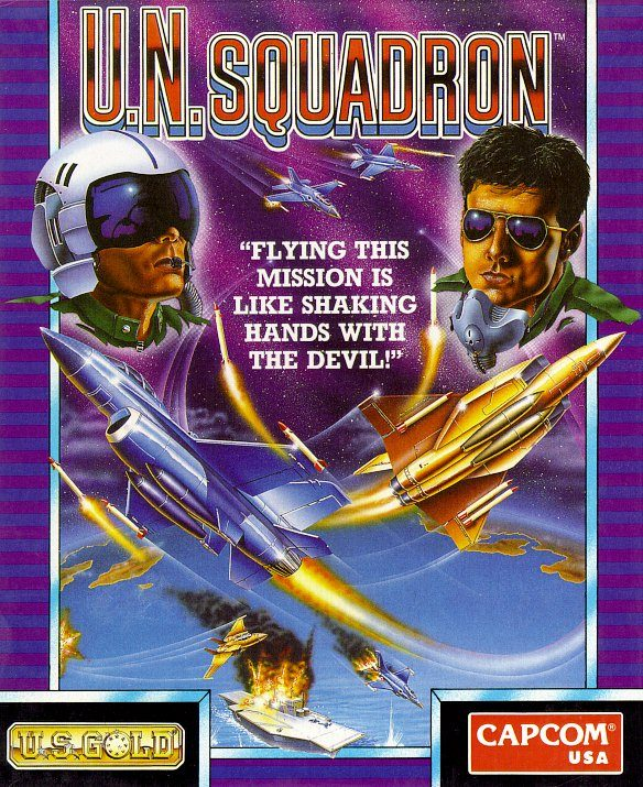 U.N. Squadron box art for Amiga